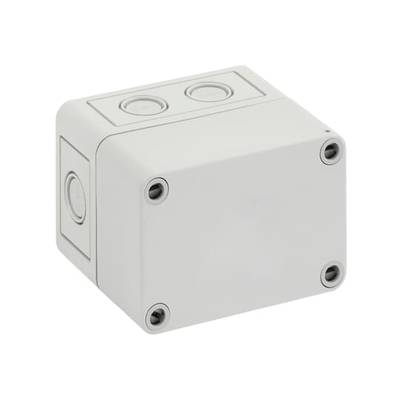 Szara, kwadratowa puszka przyłączeniowa o zaokrąglonych narożnikach, z wkrętami w rogach, odpowiednia do połączeń elektrycznych.