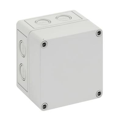 Szara, kwadratowa puszka rozgałęźna z wkrętami w narożnikach i okrągłymi otworami po bokach do instalacji elektrycznych.