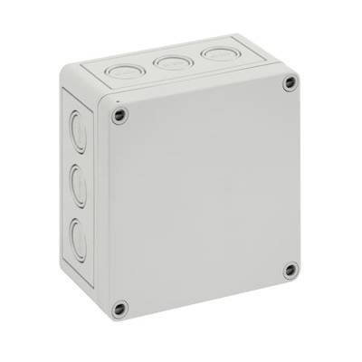 Szara rozgałęźna puszka instalacyjna z tworzywa sztucznego z wieloma bocznymi otworami wprowadzającymi kable, przeznaczona do instalacji elektrycznych.