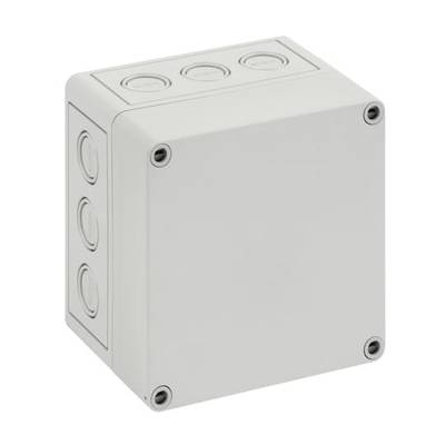 Szara wielootworowa puszka przyłączeniowa z tworzywa sztucznego. Stosowana do połączeń elektrycznych.