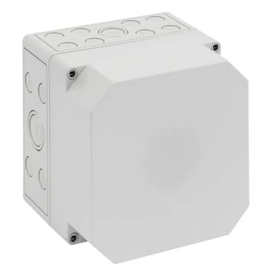 Białe, kwadratowe pudełko kablowe z tworzywa sztucznego z wieloma wejściami bocznymi, odpowiednie do instalacji elektrycznych.