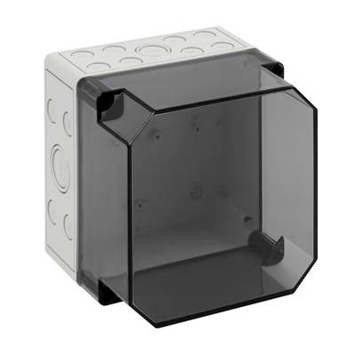 Przezroczysty, kwadratowy pojemnik z tworzywa sztucznego z zdejmowaną ciemną pokrywką, odpowiedni do instalacji elektronicznych.