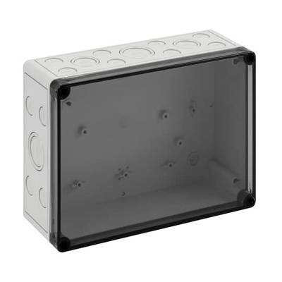 Prostokątna, szara obudowa z tworzywa sztucznego z przezroczystym pokrywem, odpowiednia do instalacji elektrycznych.