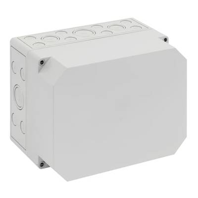 Prostokątna, szara puszka elektryczna z rozgałęzieniem, wyposażona w kilka okrągłych otworów do przeprowadzenia przewodów, zamocowana za pomocą śrub.