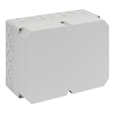 Szary, prostokątny rozdzielacz elektryczny z uszczelnionym pokrywem, przeznaczony do prowadzenia przewodów elektrycznych. Ściany boczne wyposażone w zdejmowane otwory.