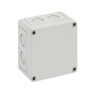 Szara, kwadratowa obudowa z tworzywa sztucznego z wkrętami w narożnikach i okrągłymi wyjściami kablowymi po bokach, stosowana w instalacjach elektrycznych.