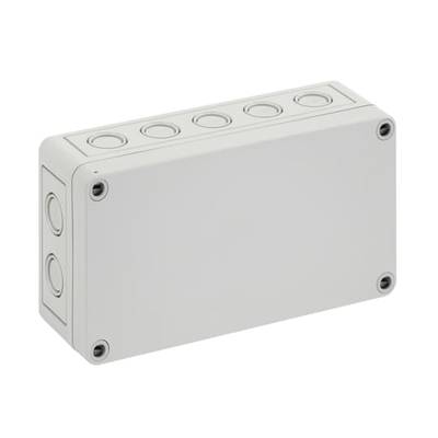 Prostokątne, szare pudełko obudowy elektronicznej z zaokrąglonymi narożnikami i wieloma przepustami kablowymi do instalacji elektrycznych.