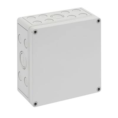 Biała, kwadratowa puszka instalacyjna z otworami bocznymi i górnymi do prowadzenia przewodów. Odpowiednia do instalacji elektrycznych.
