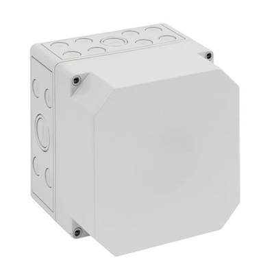 Biała, kwadratowa puszka rozgałęźna z tworzywa sztucznego z zaokrąglonymi krawędziami i zamknięciami śrubowymi, idealna do instalacji elektrycznych.