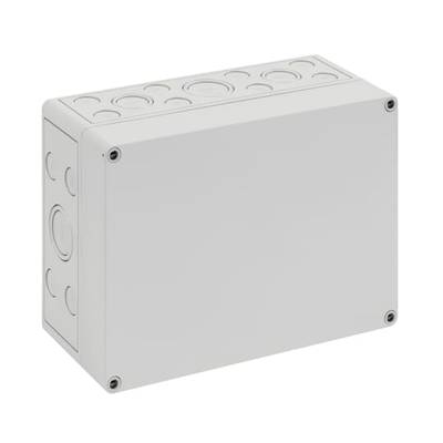 Szaro-biała skrzynka rozdzielcza z wieloma okrągłymi pokrywami po bokach, odpowiednia do prowadzenia instalacji elektrycznych i okablowania.