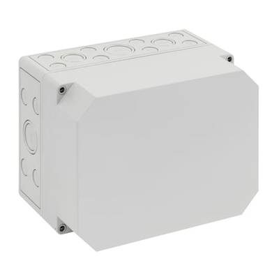 Biała, prostokątna puszka instalacyjna z tworzywa sztucznego z wieloma wprowadzeniami i zamknięciami śrubowymi, przeznaczona do podłączania przewodów elektrycznych.