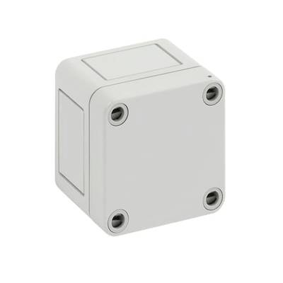 Szary, kwadratowy rozdzielnik elektryczny z czterema śrubami na przedniej ściance, przeznaczony do stosowania wewnątrz i na zewnątrz budynków.