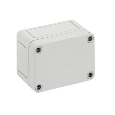 Prostokątne, szare pudełko z tworzywa sztucznego z zaokrąglonymi narożnikami i śrubami w czterech rogach, przeznaczone do obudowy elektroniki.