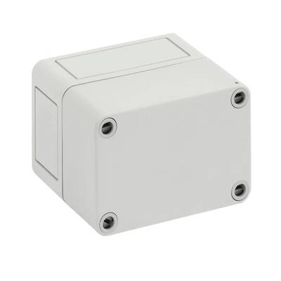 Biała, prostokątna skrzynka plastikowa z czterema śrubami w narożnikach. Służy do przechowywania elementów elektrycznych w przestrzeni zewnętrznej.