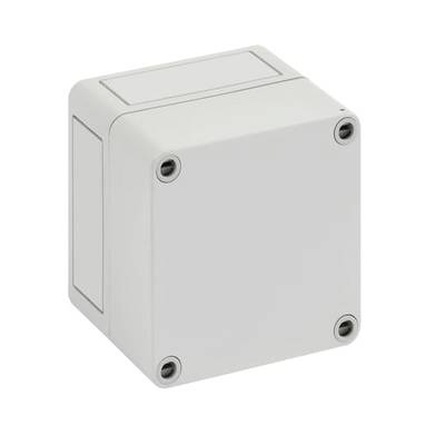 Kwadratowa szara puszka przyłączeniowa używana do instalacji elektrycznych lub obwodów. Posiada cztery widoczne śruby w narożnikach.