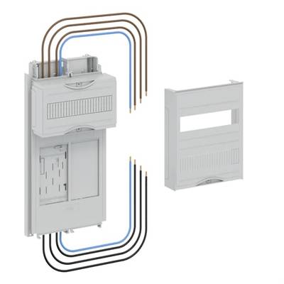 Szara elektryczna skrzynka rozdzielcza z otwartą pokrywą, otoczona niebieskimi, brązowymi i czarnymi kablami, obok leży zdjęty przedni panel.