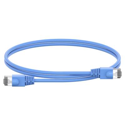 Niebieskie złącze Ethernet z dwoma wtykami RJ45 na końcach, używane do połączeń sieciowych.