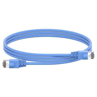 Niebieskie przewód sieciowy z dwoma wtykami RJ45, odpowiedni do połączeń internetowych.
