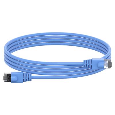 Niebieski kabel Ethernet z wtykami RJ45 na obu końcach, używany do połączeń sieciowych.