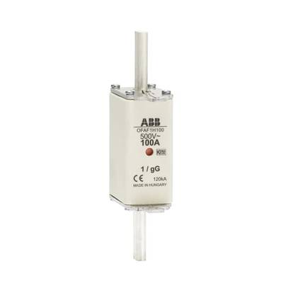 Elektryczny bezpiecznik marki ABB, model OFAAF1H100, 500V, 100A. Wyprodukowany na Węgrzech i posiadający certyfikat CE.