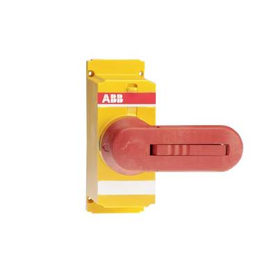 Żółty i czerwony wyłącznik awaryjny zamontowany na ścianie, z widocznym logo 'ABB'. Używany głównie w celach bezpieczeństwa.
