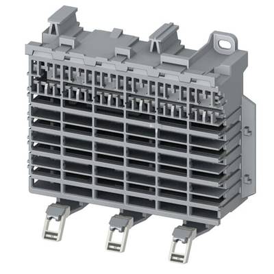 Szary, prostokątny element elektroniczny z wieloma poziomymi i pionowymi otworami oraz trzema metalowymi stykami przy dolnej krawędzi.