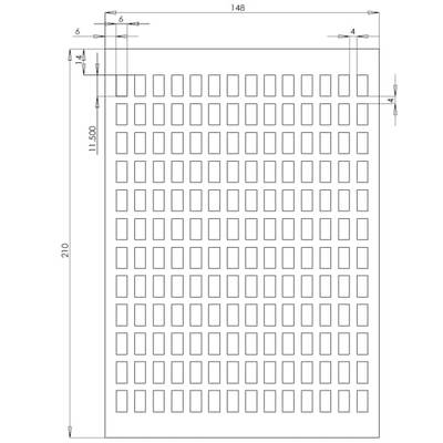 Rysunek techniczny prostokątnej płyty z wieloma równomiernymi prostokątnymi wycięciami. Wymiary płyty: 148 x 210 mm.