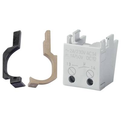 Moduł szary z parametrami technicznymi '2A/230V AC 14, 1A/50V DC12'. Dwa haki po lewej stronie, czarny i brązowy. Komponent elektroniczny.