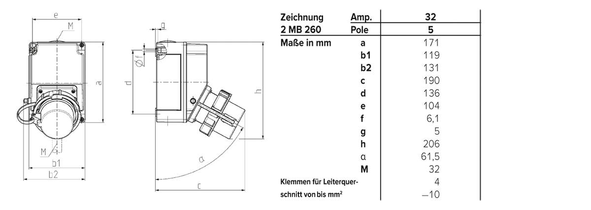 Techniczny rysunek silnika z trzema widokami. Tabela po prawej stronie przedstawia wymiary w milimetrach, amperach i wartościach biegunowych. Legenda poniżej.