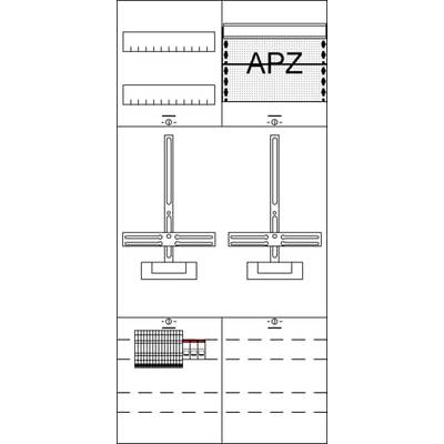 'Rysunek techniczny z wieloma symbolami i diagramami. W lewym górnym rogu: skalowanie; w prawym górnym rogu: siatka i litery 'APZ'; w środku: dwa identyczne symbole o strukturach w kształcie litery T; na dole: diagram ze wzorem liniowym.'