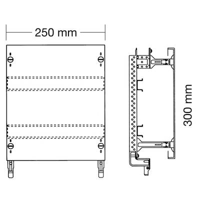 Rysunek techniczny prostokątnej części o wymiarach 250 mm szerokości i 300 mm wysokości, przedstawiający widok z boku i z przodu.