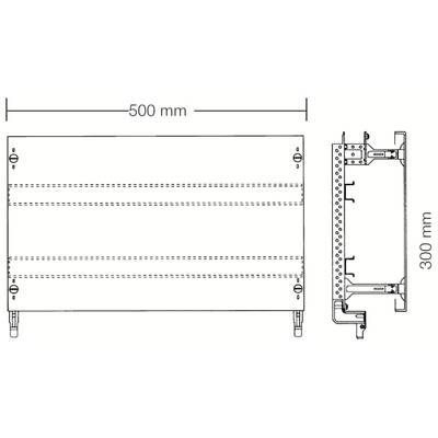 Rysunek prostokątnej metalowej kraty, 500 mm x 300 mm, z widokiem z boku i rozmieszczeniem elementów mocujących.