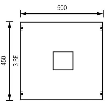 Kwadratowy diagram przedstawia wymiary: szerokość 500, wysokość 450, z oznaczeniem '3 RE' po lewej stronie. Mniejszy kwadrat znajduje się w centrum.