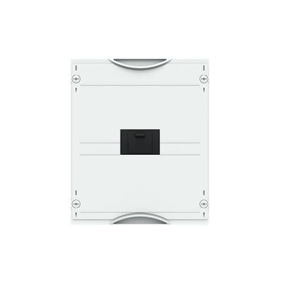 Biały elektryczny rozdzielnik z czarnym przełącznikiem włączająco-wyłączającym pośrodku, możliwy do zamontowania za pomocą śrub w narożnikach.