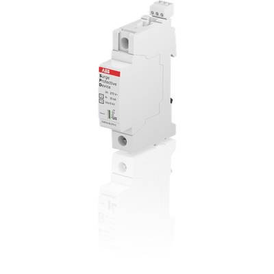 Białe urządzenie ochronne firmy ABB chroniące przed przepięciami, z technicznymi szczegółami na przedniej stronie. Przeznaczone jest do stosowania w instalacjach elektrycznych.