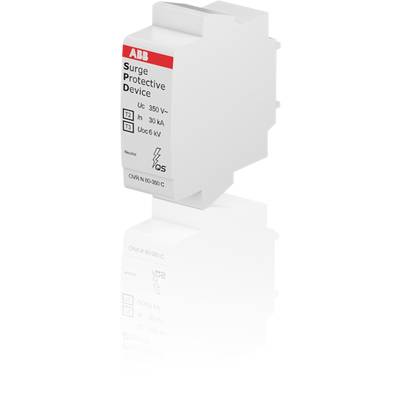 Białe urządzenie ochrony przepięciowej firmy ABB z czerwonym logo. Dane techniczne: Uc 350 V~, Imax 30 kA, Uoc 6 kV, OVR N 80-350 C.
