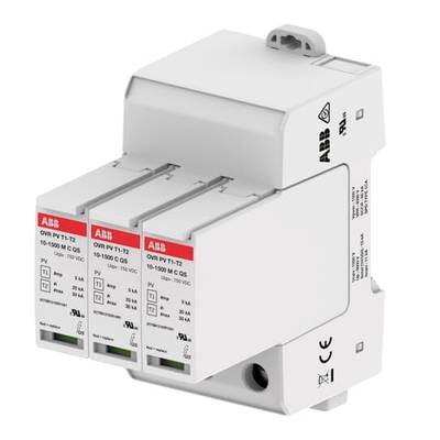 Urządzenie ochrony przeciwprzepięciowej marki ABB z trzema modułami wtyczkowymi, przeznaczone do instalacji fotowoltaicznych, chroniące przed przepięciami.