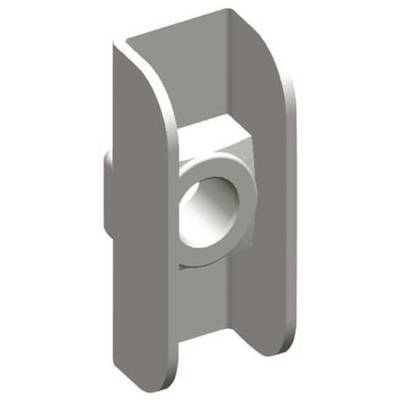 Szara metalowa szczęka o prostokątnym kształcie z centralnym otworem okrągłym do zamocowania.