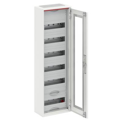 Otwarty rozdzielnik elektryczny z kilkoma poziomymi półkami i szklaną przednią ścianką. Szafa jest pusta i gotowa do instalacji.