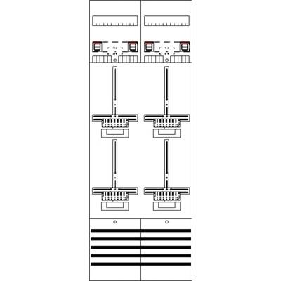 Techniczny diagram systemu elektrycznego z przełącznikami, przewodami i złączami w dwóch rzędach. Elementy są rozmieszczone symetrycznie.