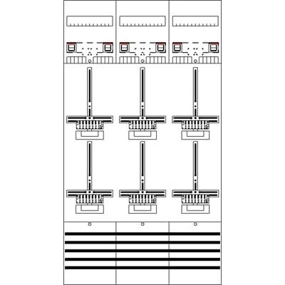 Techniczny rysunek rozdzielnicy elektrycznej z wyłącznikami i bezpiecznikami. Prezentuje rozmieszczenie i połączenia poszczególnych komponentów.