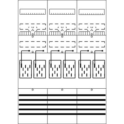 Diagram przedstawia układ rozdzielnicy elektrycznej z wieloma panelami, przełącznikami i połączeniami kablowymi. Ilustruje konfigurację elektryczną.
