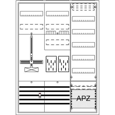 Schemat elektrycznej szafy rozdzielczej z wieloma bezpiecznikami i obszarem oznaczonym jako 'APZ'.