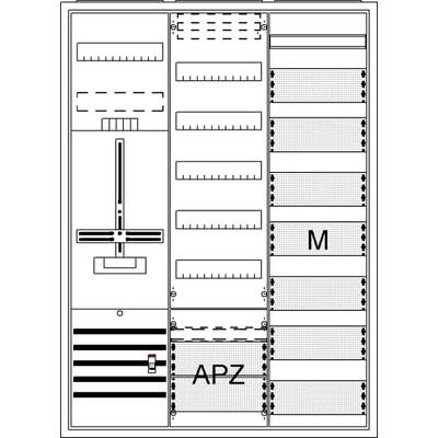 Schemat elektryczny rozdzielni z oznaczonymi sekcjami 'M' i 'APZ', przedstawiający rozmieszczenie komponentów i gniazd.