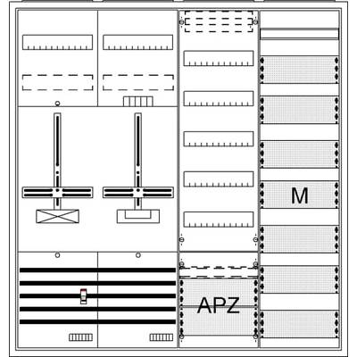 Schemat elektrycznej rozdzielnicy z oznaczeniami 'APZ' i 'M'. Przedstawia obwody elektryczne i poszczególne komponenty.