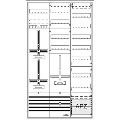 Rysunek techniczny układu szafy sterowniczej z modułami kart, przełącznikami, bezpiecznikami oraz obszarem 'APZ' w dolnym prawym rogu.
