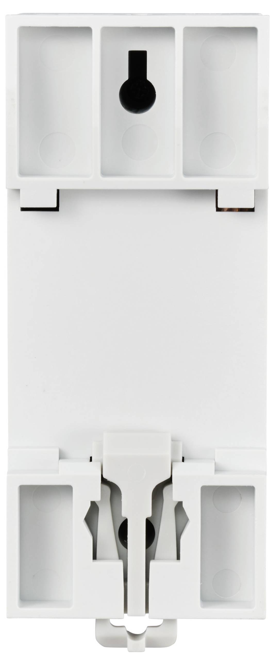 Biała plastikowa podstawa z otworami montażowymi do zamocowania na ścianie oraz centralnym hakiem do mocowania urządzenia.