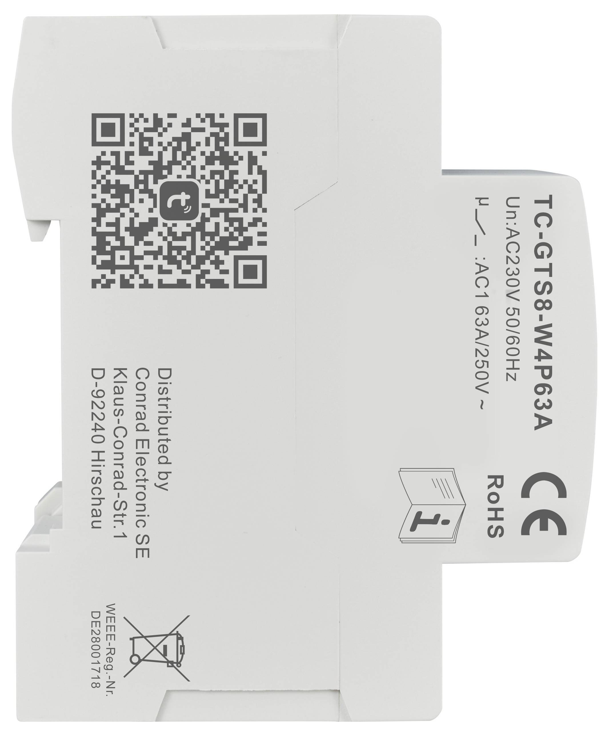 'Elektroniczny moduł urządzenia, biały, z kodem kreskowym, kodem QR i danymi technicznymi: napięcie 230V, natężenie prądu 63A, dystrybuowany przez Conrad Electronic SE, Made in China.'