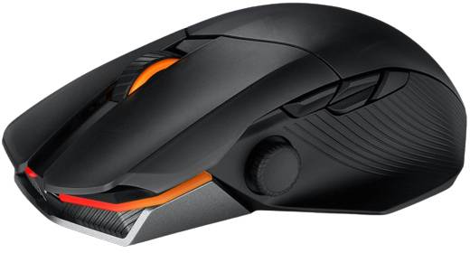 Czarna mysz gamingowa z pomarańczowym elementem podświetlającym na górnej części obudowy, wyposażona w kilka przycisków funkcyjnych i ergonomiczny kształt.