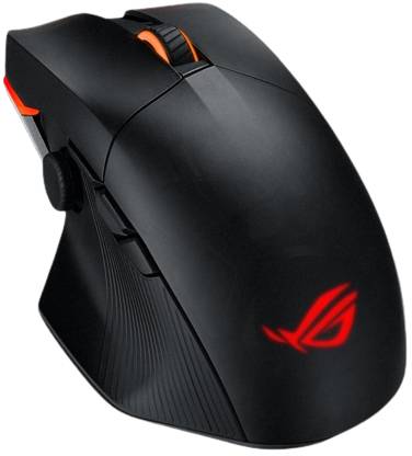 Czarna mysz gamingowa z czerwonym logo i podświetlanymi przyciskami, o ergonomicznej konstrukcji, przeznaczona do precyzyjnego sterowania podczas gry.